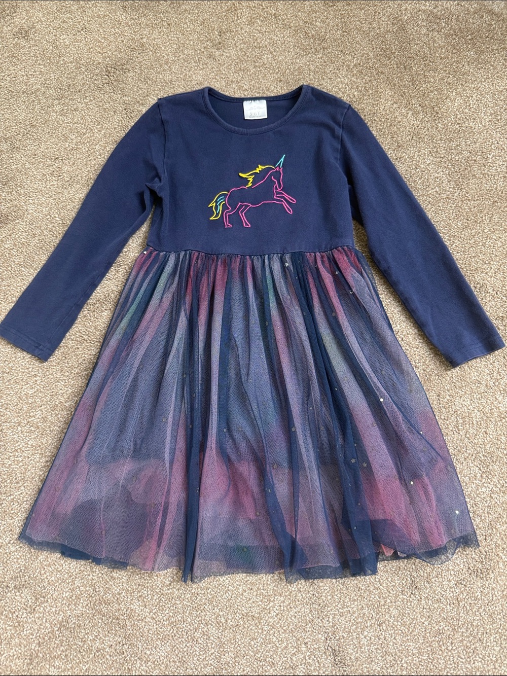 Girls Navy Unicorn Tulle Dress with Long Sleeves
